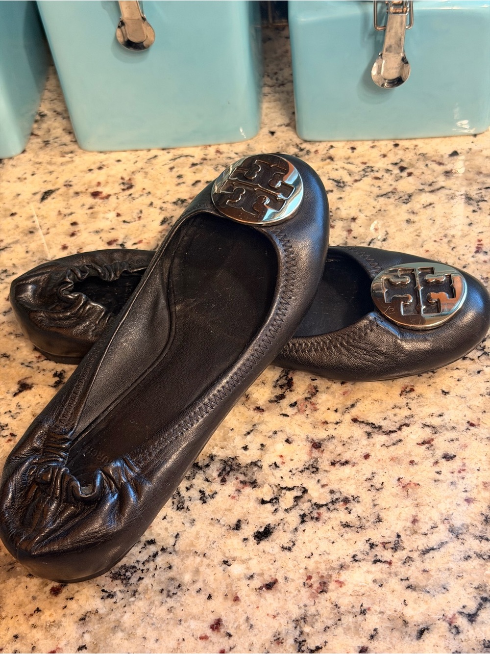 Tory Burch Black Leather Logo Round-Toe Ballet Flats